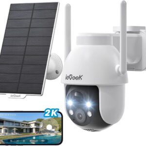 ieGeek 3MP Camara Vigilancia WiFi Exterior Solar con Bateria Sin Cables, Camara Vigilancia Exterior Solar Visión Nocturna Color, PTZ 360° App Remoto, Humana Detección, IP65, Voz Bidireccional