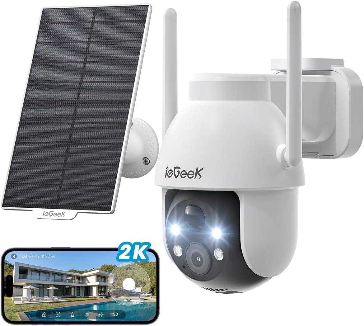 ieGeek 3MP Camara Vigilancia WiFi Exterior Solar con Bateria Sin Cables, Camara Vigilancia Exterior Solar Visión Nocturna Color, PTZ 360° App Remoto, Humana Detección, IP65, Voz Bidireccional - 1