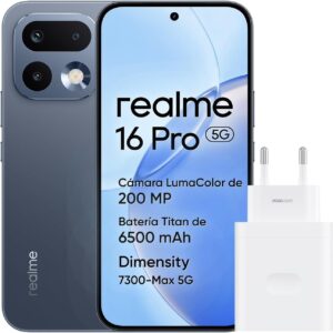 realme 16 Pro 5G Smartphone, 8GB+256GB, Pantalla AMOLED 144Hz 6,78", Batería 6500mAh, Cámara 200MP OIS, IP69K, Carga Rápida 45W, Dual SIM, Next AI, Gris (con Adaptador)
