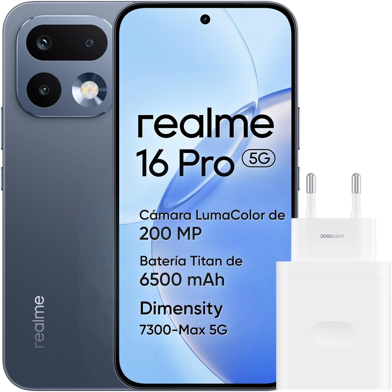 realme 16 Pro 5G Smartphone, 8GB+256GB, Pantalla AMOLED 144Hz 6,78", Batería 6500mAh, Cámara 200MP OIS, IP69K, Carga Rápida 45W, Dual SIM, Next AI, Gris (con Adaptador) - 1