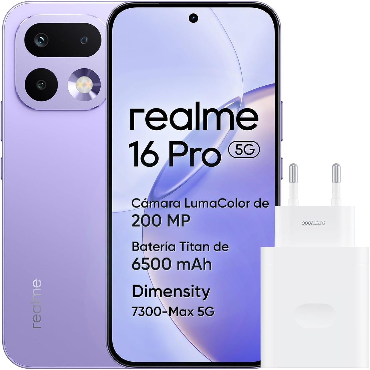 realme 16 Pro 5G Smartphone, 8GB+256GB, Pantalla AMOLED 144Hz 6,78", Batería 6500mAh, Cámara 200MP OIS, IP69K, Carga Rápida 45W, Dual SIM, Next AI, Violeta (con Adaptador) - 1