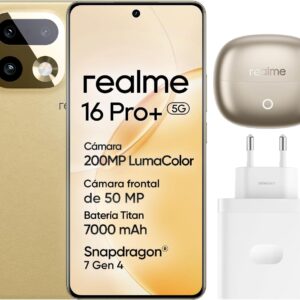realme 16 Pro+ 5G Smartphone, 8GB+256GB, Pantalla Curva AMOLED 144Hz 6,8", Batería 7000mAh, Cámara 200MP OIS, IP69K, Carga Rápida 80W, Dual SIM, Next AI, Oro (con Adaptador)