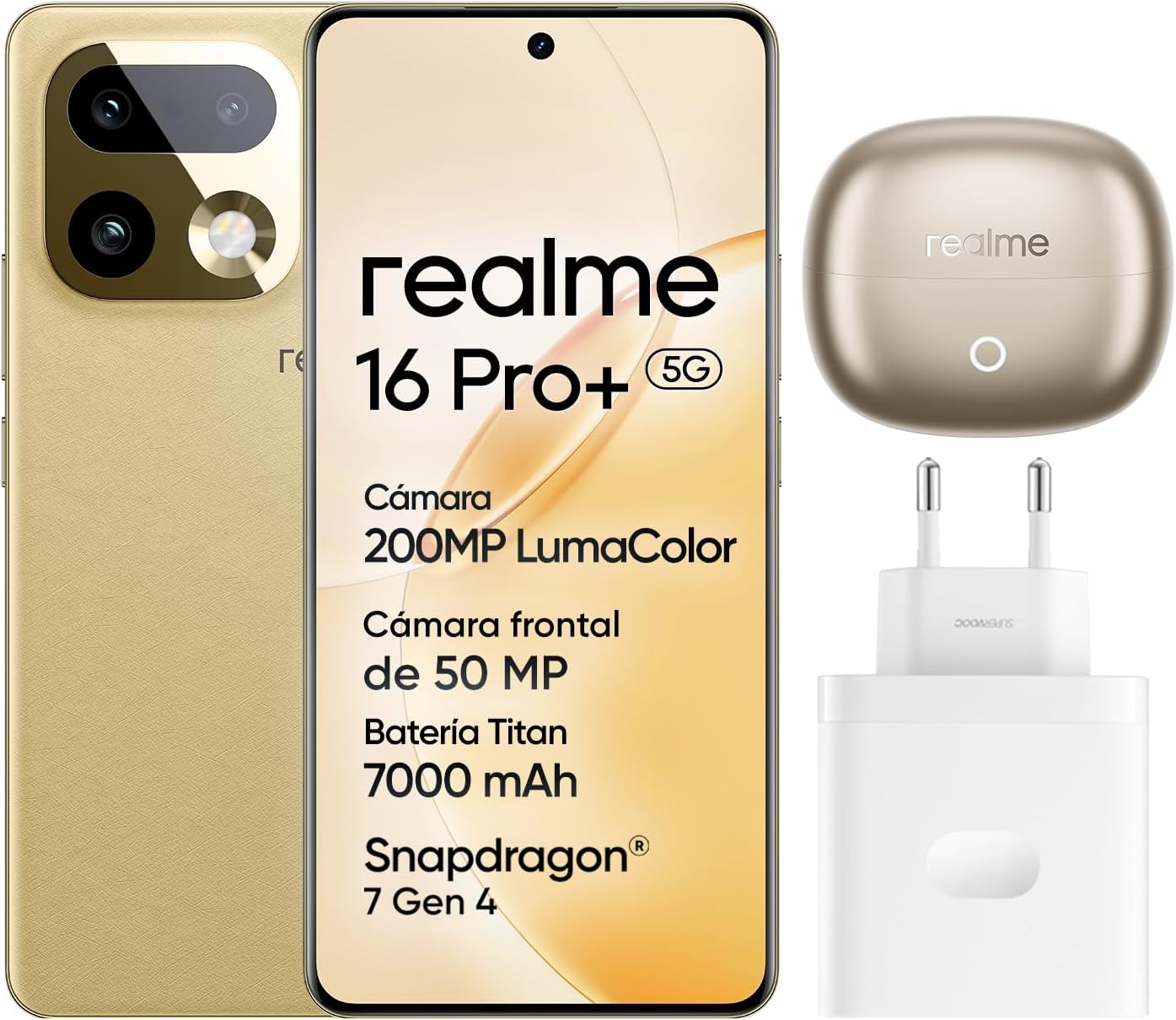 realme 16 Pro+ 5G Smartphone, 8GB+256GB, Pantalla Curva AMOLED 144Hz 6,8", Batería 7000mAh, Cámara 200MP OIS, IP69K, Carga Rápida 80W, Dual SIM, Next AI, Oro (con Adaptador) - 1