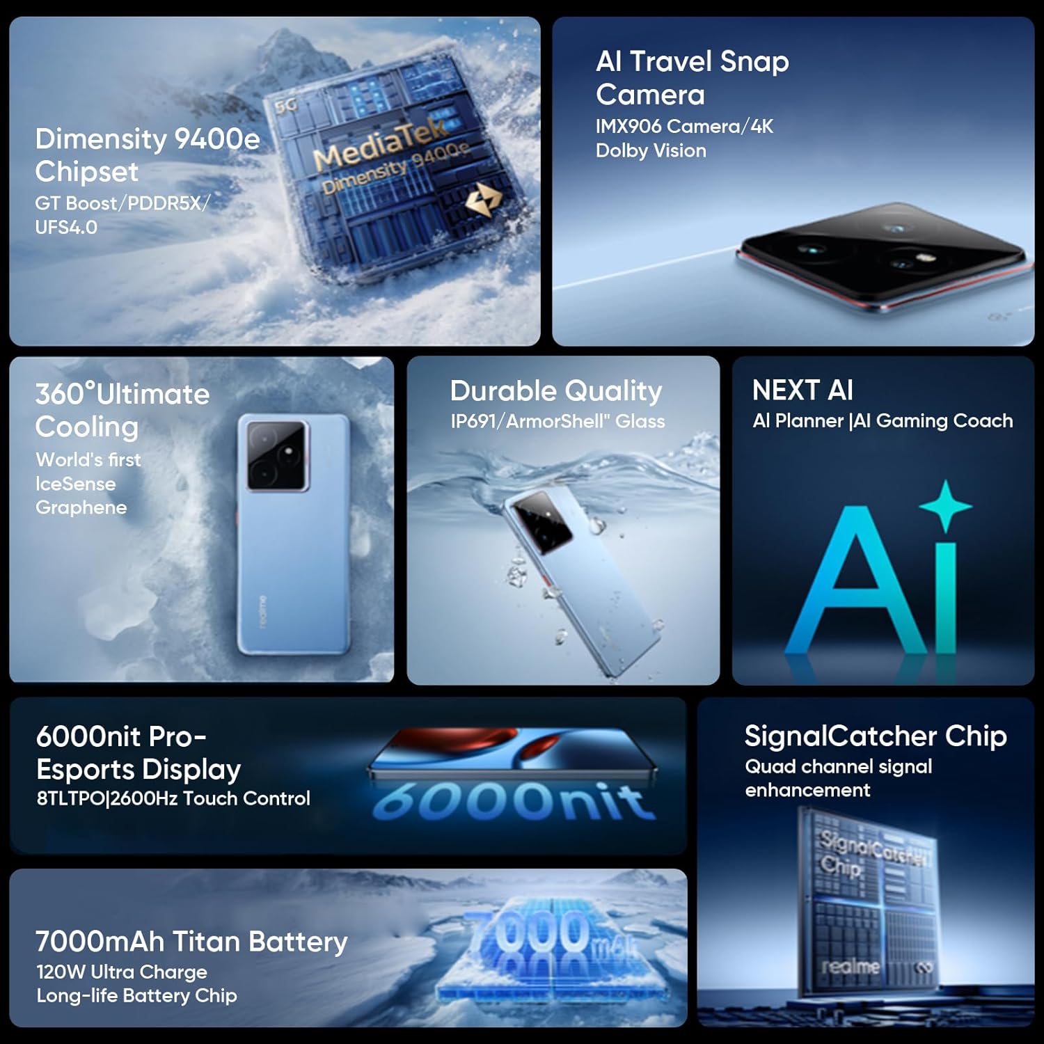 realme GT 7 5G Smartphone 12+512GB,Chip Dimensity 9400e,50MP IMX906 OIS +50MP Cámara,7000mAh Batería Titan, 6.78'' 120Hz 6000nits Pantalla de Deportes Profesionales,NFC,Azul - 2