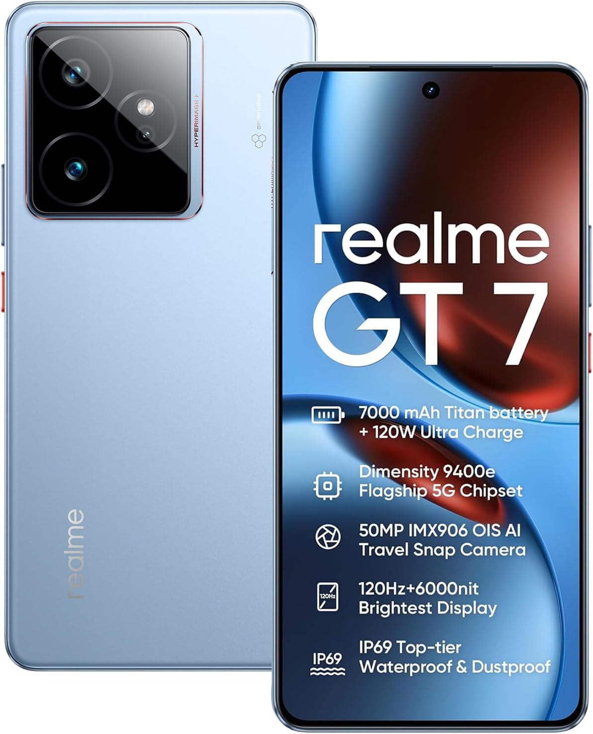 realme GT 7 5G Smartphone 12+512GB,Chip Dimensity 9400e,50MP IMX906 OIS +50MP Cámara,7000mAh Batería Titan, 6.78'' 120Hz 6000nits Pantalla de Deportes Profesionales,NFC,Azul - 1