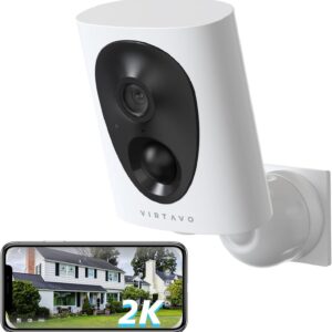 virtavo Cámara de Seguridad 2K Interior/Exterior Inalámbrica, Batería Recargable, Visión Nocturna en Color, Detección de Movimiento, Sirena, Audio Bidireccional