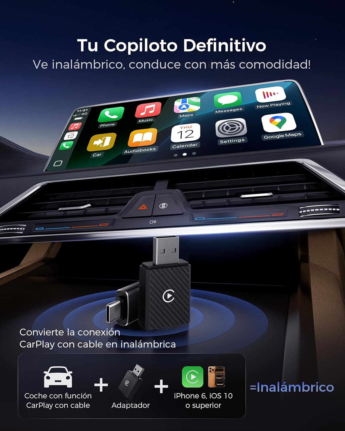 【2026 Mejorada】 Adaptador CarPlay Inalámbrico, Bluetooth V5.4 Conexión Estable, WiFi 6 de Doble Banda de Alta Velocidad, USB A/C, CarPlay Dongle para Apple iPhone iOS 10+ - 2