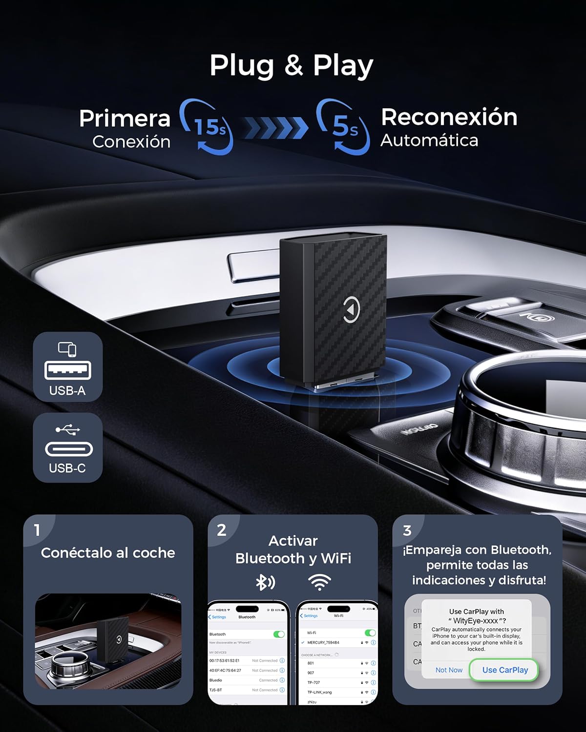 【2026 Mejorada】 Adaptador CarPlay Inalámbrico, Bluetooth V5.4 Conexión Estable, WiFi 6 de Doble Banda de Alta Velocidad, USB A/C, CarPlay Dongle para Apple iPhone iOS 10+ - 5