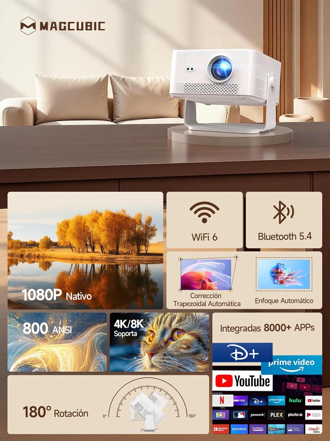 【Android 14 & 800 ANSI】 Magcubic Proyector 4K 8K Soporta, Proyector Portatil 1080P Nativo con WiFi 6, Bluetooth 5.4, Enfoque Automático, Corrección Trapezoidal Automática, Rotación 180°, HY450Max - 2
