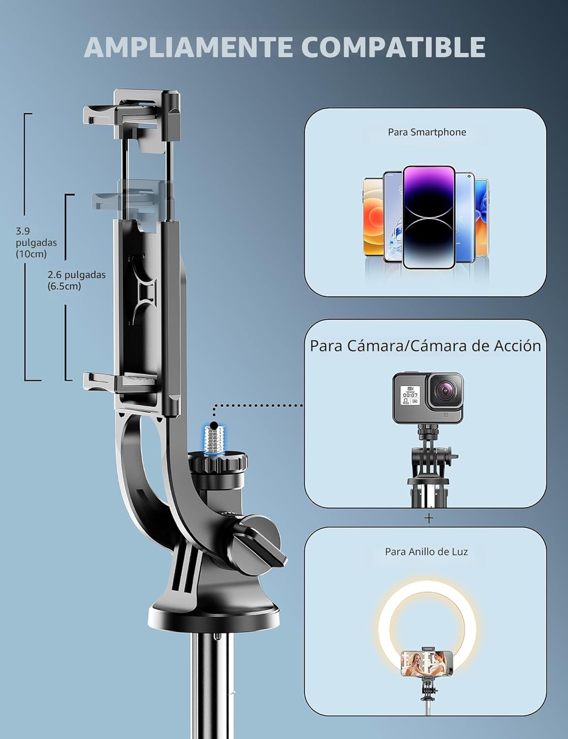 180cm Trípode para Movil, Palo Selfie Tripode con Control Remoto Desmontable para Teléfono Móvil, Soporte de Trípode de Teléfono Compatible con iPhone/Samsung/GoPro/Cámara - 4