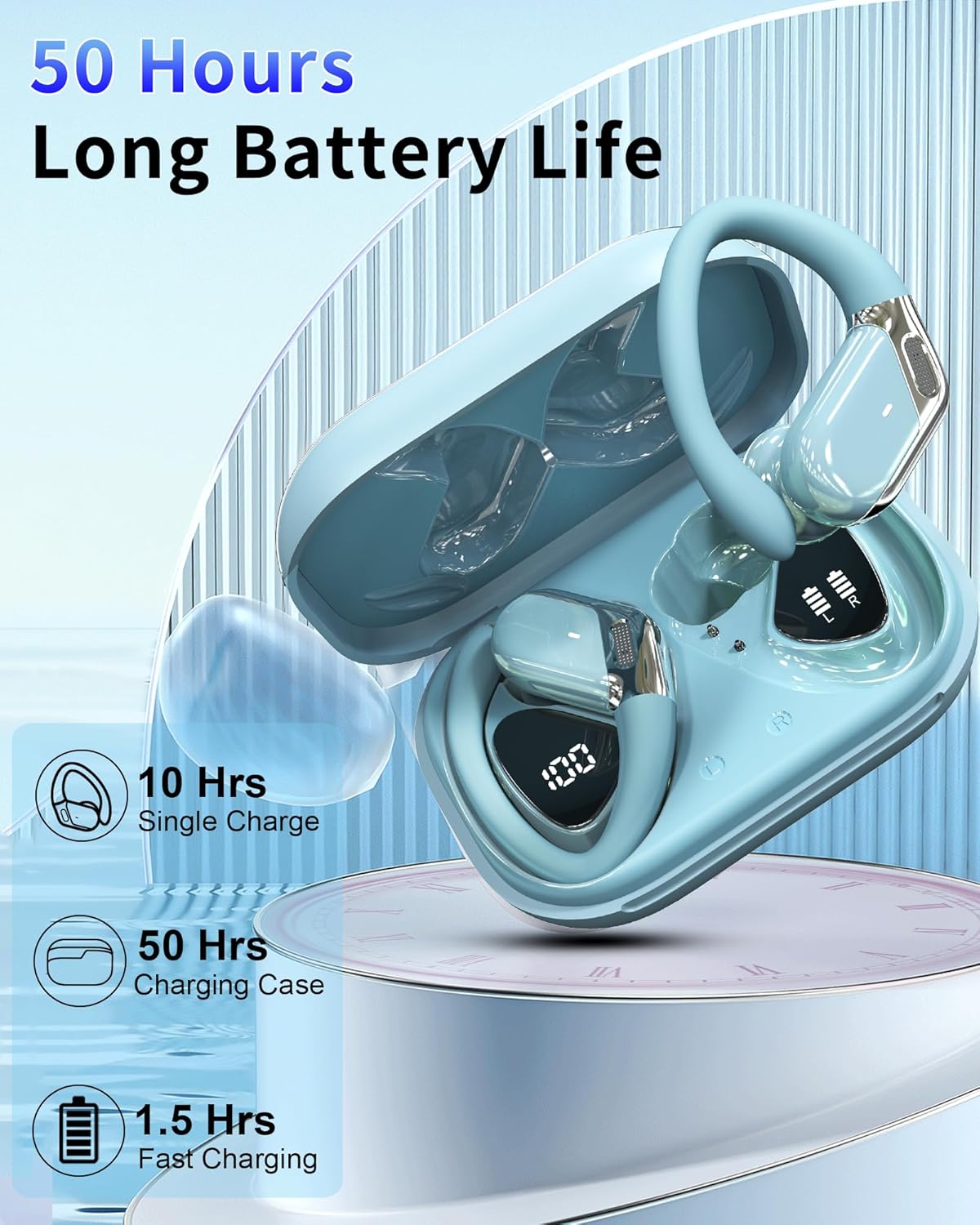 2026 Auriculares Inalambricos Deportivos, Auriculares Bluetooth 5.4 HiFi Estéreo con 4 HD Mic, 50H Cascos Inalambricos Bluetooth con Cancelacion Ruido ENC, IP7 Impermeable Cascos para Running, Negro - 3