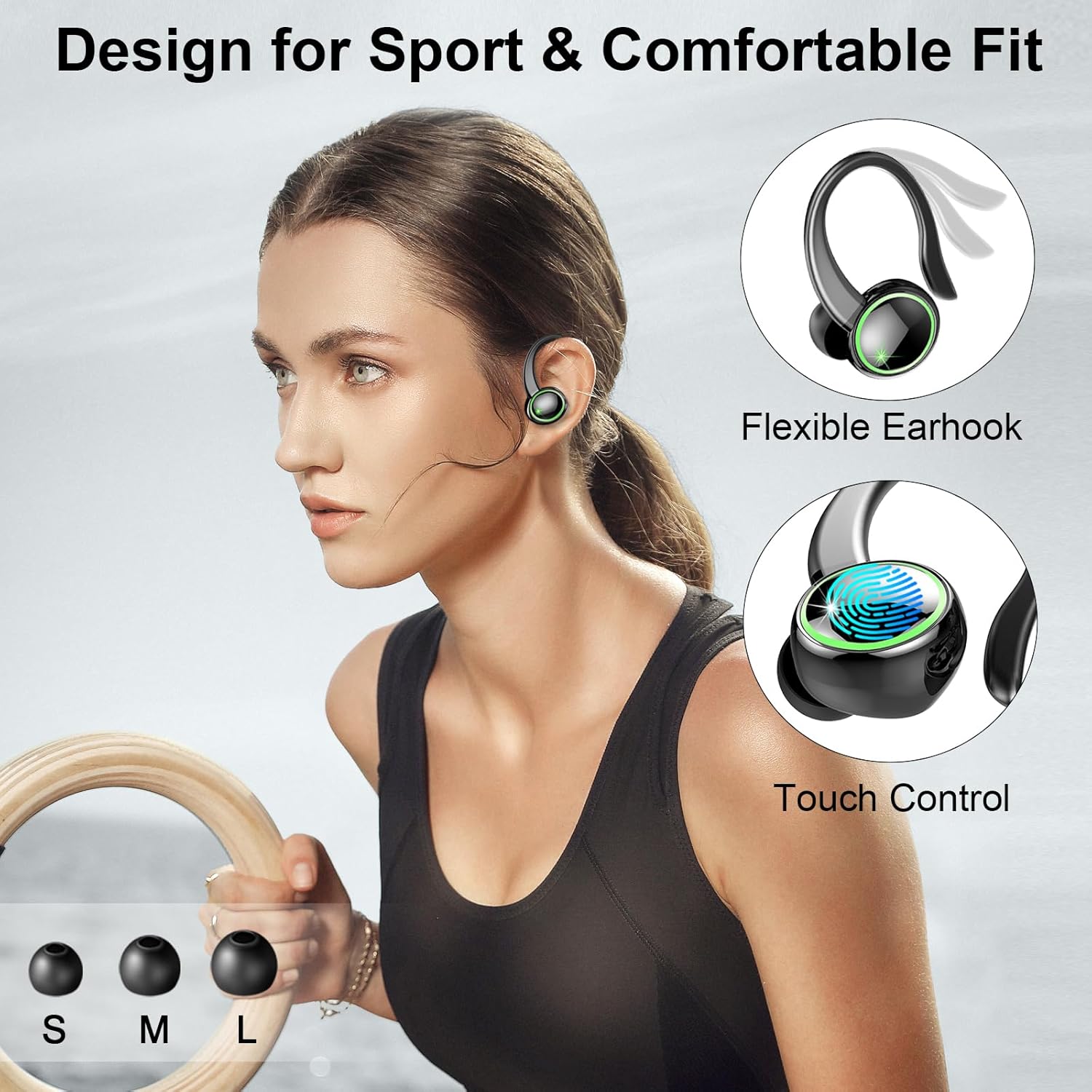 2026 Auriculares Inalambricos Deportivos, Auriculares Bluetooth 5.4 HiFi Estéreo con 4 HD Mic, 50H Cascos Inalambricos Bluetooth con Cancelacion Ruido ENC, IP7 Impermeable Cascos para Running, Negro - 3