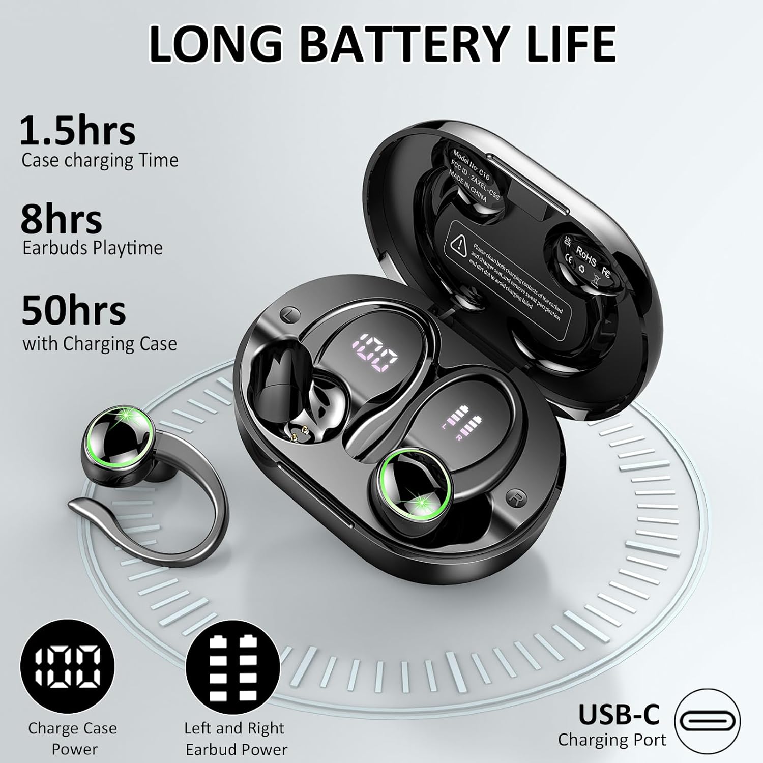 2026 Auriculares Inalambricos Deportivos, Auriculares Bluetooth 5.4 HiFi Estéreo con 4 HD Mic, 50H Cascos Inalambricos Bluetooth con Cancelacion Ruido ENC, IP7 Impermeable Cascos para Running, Negro - 4