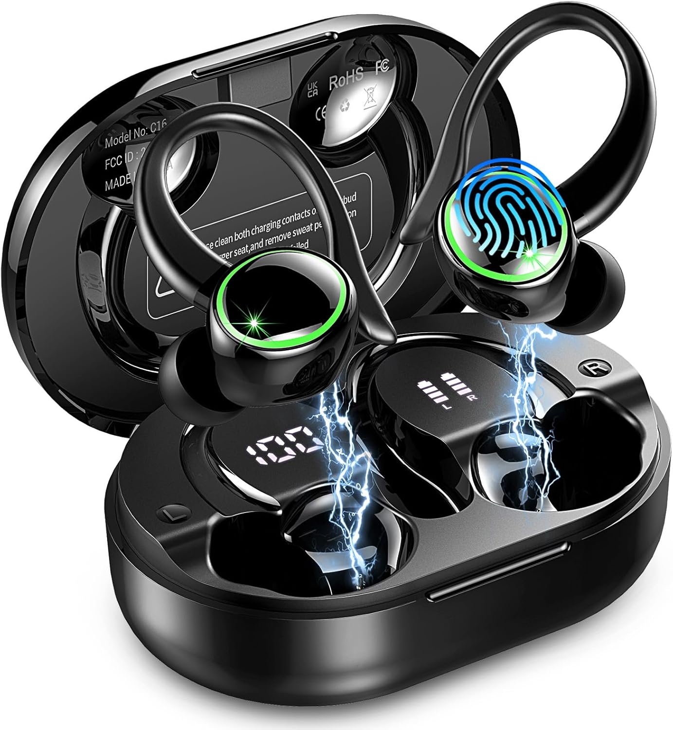 2026 Auriculares Inalambricos Deportivos, Auriculares Bluetooth 5.4 HiFi Estéreo con 4 HD Mic, 50H Cascos Inalambricos Bluetooth con Cancelacion Ruido ENC, IP7 Impermeable Cascos para Running, Negro - 1