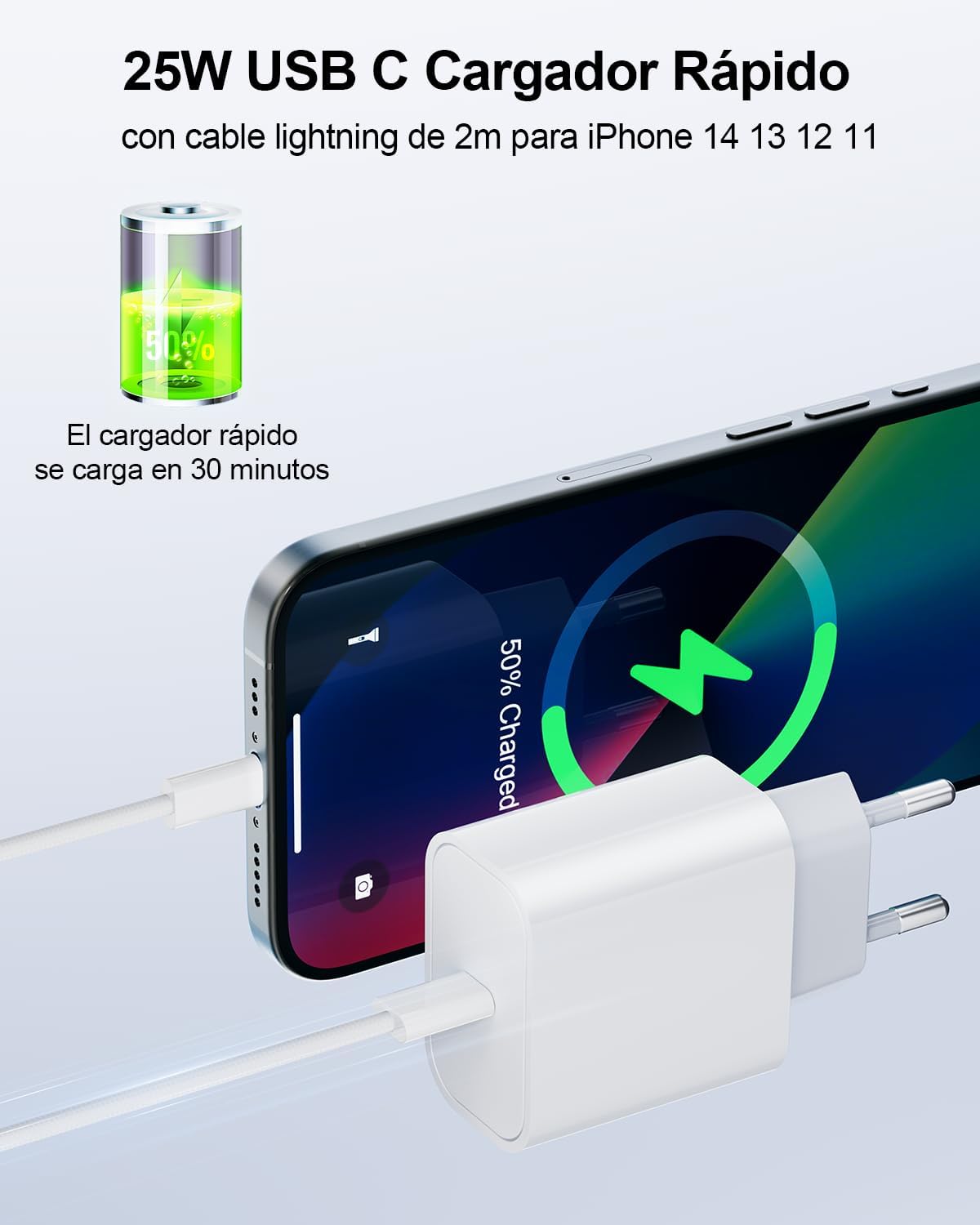 25W Cargador Carga Rapida for iPhone 14/14 Pro/14 Pro Max/14 Plus 13 12 11 SE XR X XS 8 7, USB C Carregador Enchufe Rapido Adaptador Charger Corriente con 2M Cable, Rosa - 2