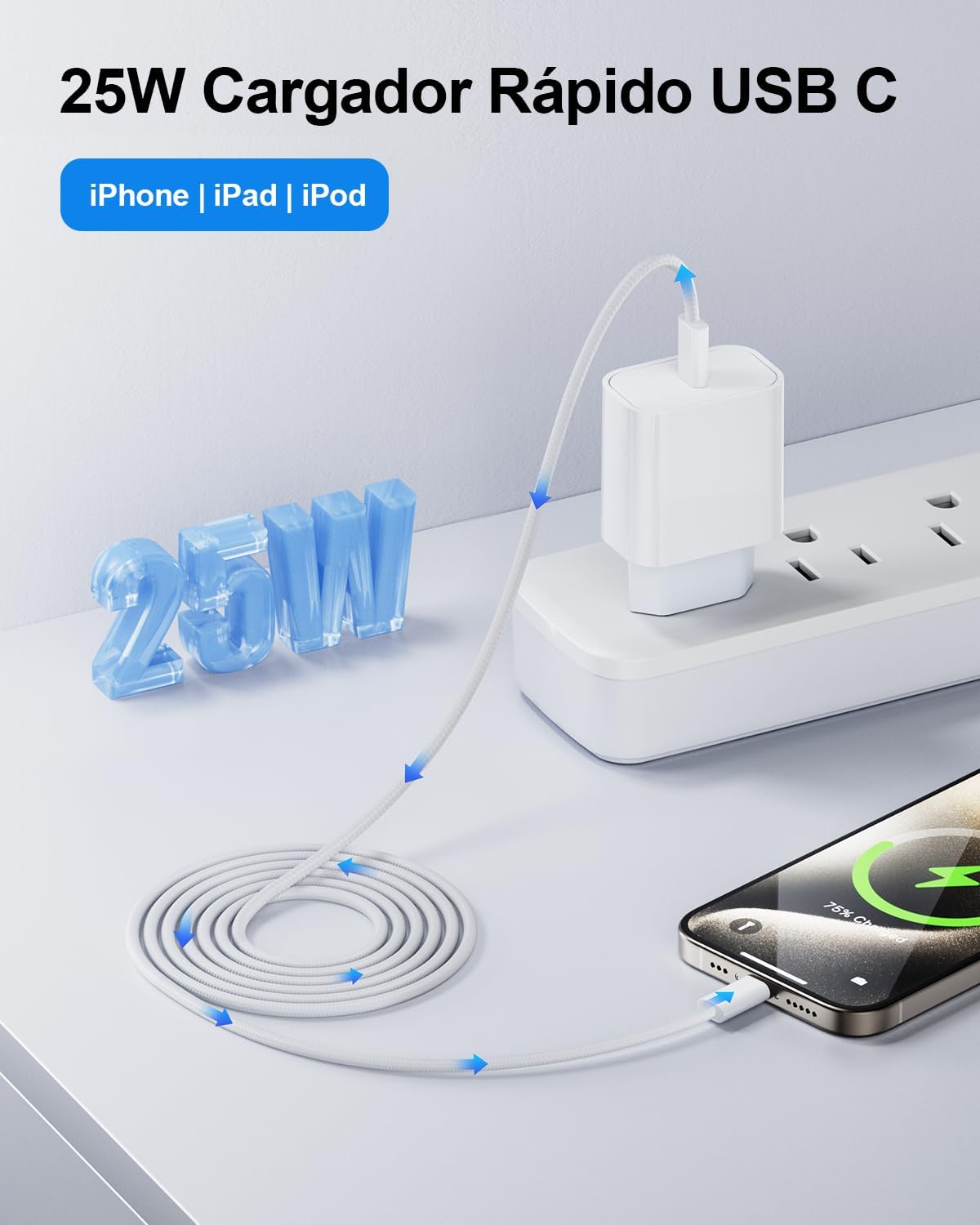 25W Cargador Carga Rapida for iPhone 14/14 Pro/14 Pro Max/14 Plus 13 12 11 SE XR X XS 8 7, USB C Carregador Enchufe Rapido Adaptador Charger Corriente con 2M Cable, Rosa - 4