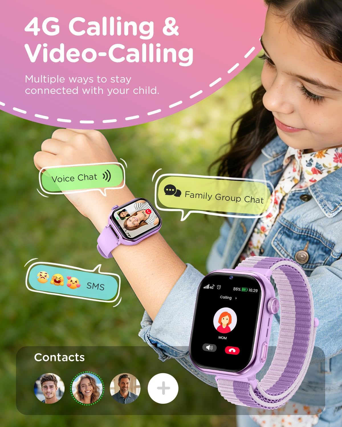 4G Reloj Inteligente Niña, 1.83'' HD Smartwatch Niñas con GPS y Llamadas, Videollamadas, Chat de Voz, Modo Escuela, Doble Cámara, Monitor de Sueño, Podómetro, Despertador IP68 para Niñas Niños Púrpura - 2