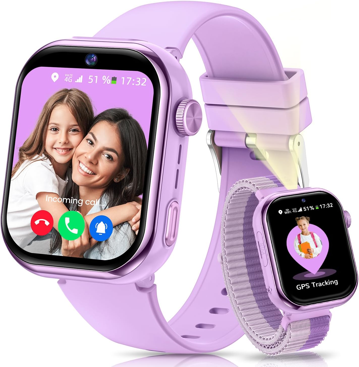 4G Reloj Inteligente Niña, 1.83'' HD Smartwatch Niñas con GPS y Llamadas, Videollamadas, Chat de Voz, Modo Escuela, Doble Cámara, Monitor de Sueño, Podómetro, Despertador IP68 para Niñas Niños Púrpura - 1