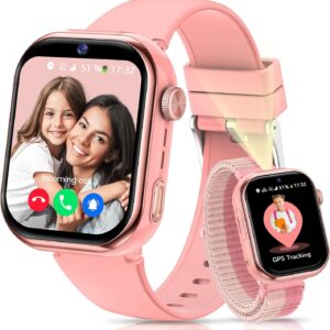 4G Reloj Inteligente Niña, 1.83'' HD Smartwatch Niñas con GPS y Llamadas, Videollamadas, Chat de Voz, Modo Escuela, Doble Cámara, Monitor de Sueño, Podómetro, Despertador IP68 para Niñas Niños Rosa