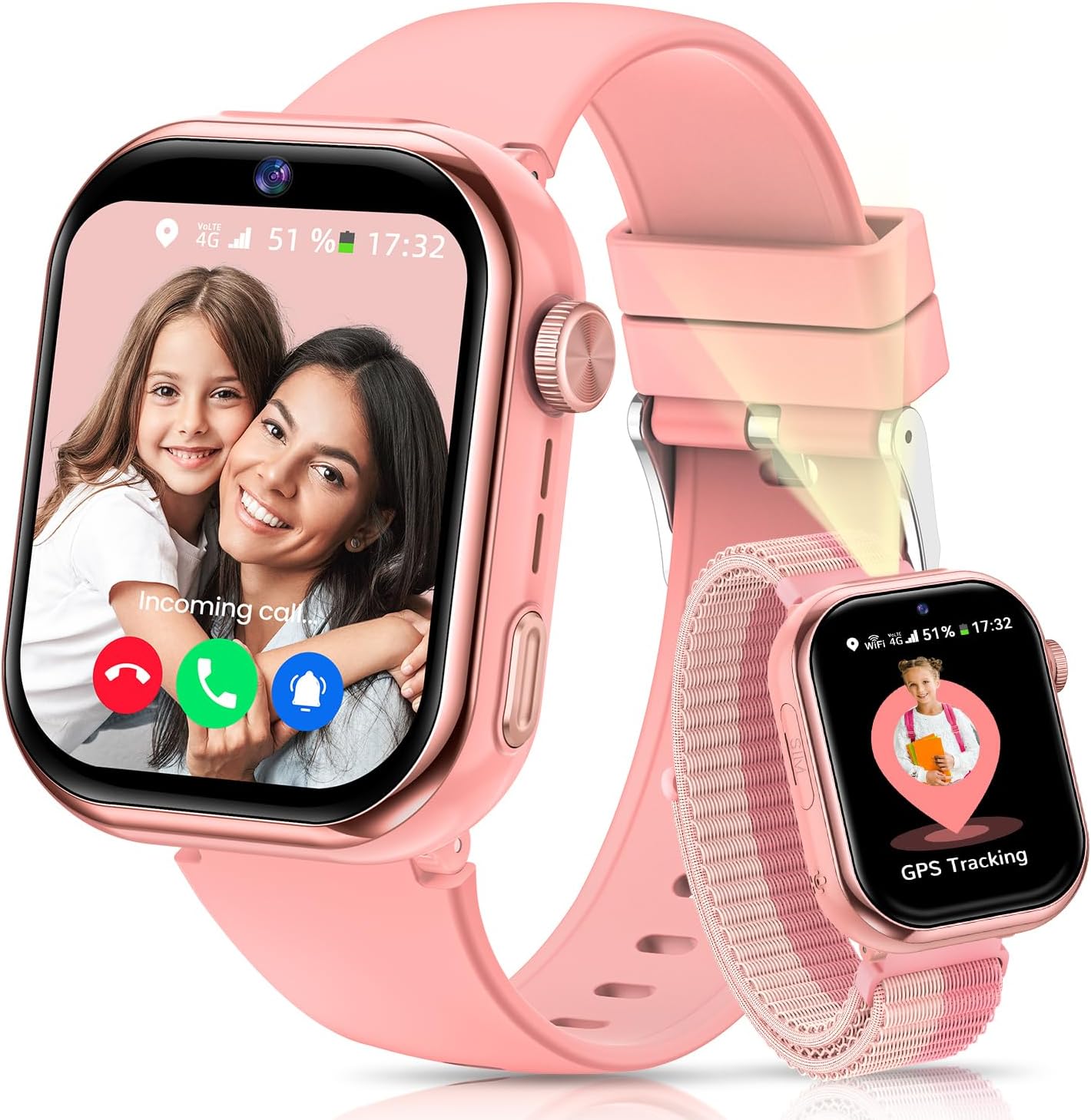 4G Reloj Inteligente Niña, 1.83'' HD Smartwatch Niñas con GPS y Llamadas, Videollamadas, Chat de Voz, Modo Escuela, Doble Cámara, Monitor de Sueño, Podómetro, Despertador IP68 para Niñas Niños Rosa - 1