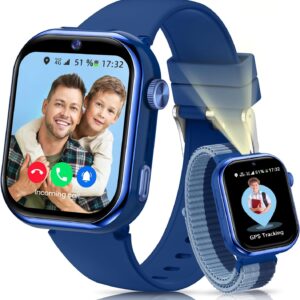 4G Reloj Inteligente Niño, 1.83'' HD Smartwatch Niños con GPS y Llamadas, Videollamadas, Chat de Voz, Modo Escuela, Doble Cámara, Monitor de Sueño, Podómetro, Despertador IP68 para Niñas Niños Azul