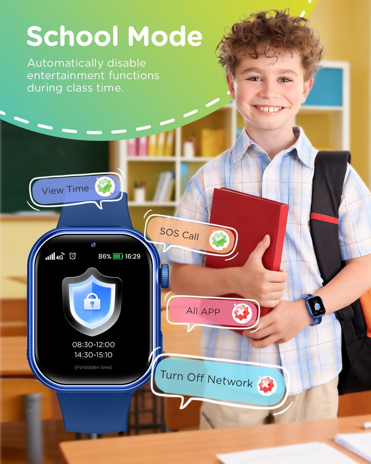 4G Reloj Inteligente Niño, 1.83'' HD Smartwatch Niños con GPS y Llamadas, Videollamadas, Chat de Voz, Modo Escuela, Doble Cámara, Monitor de Sueño, Podómetro, Despertador IP68 para Niñas Niños Azul - 5