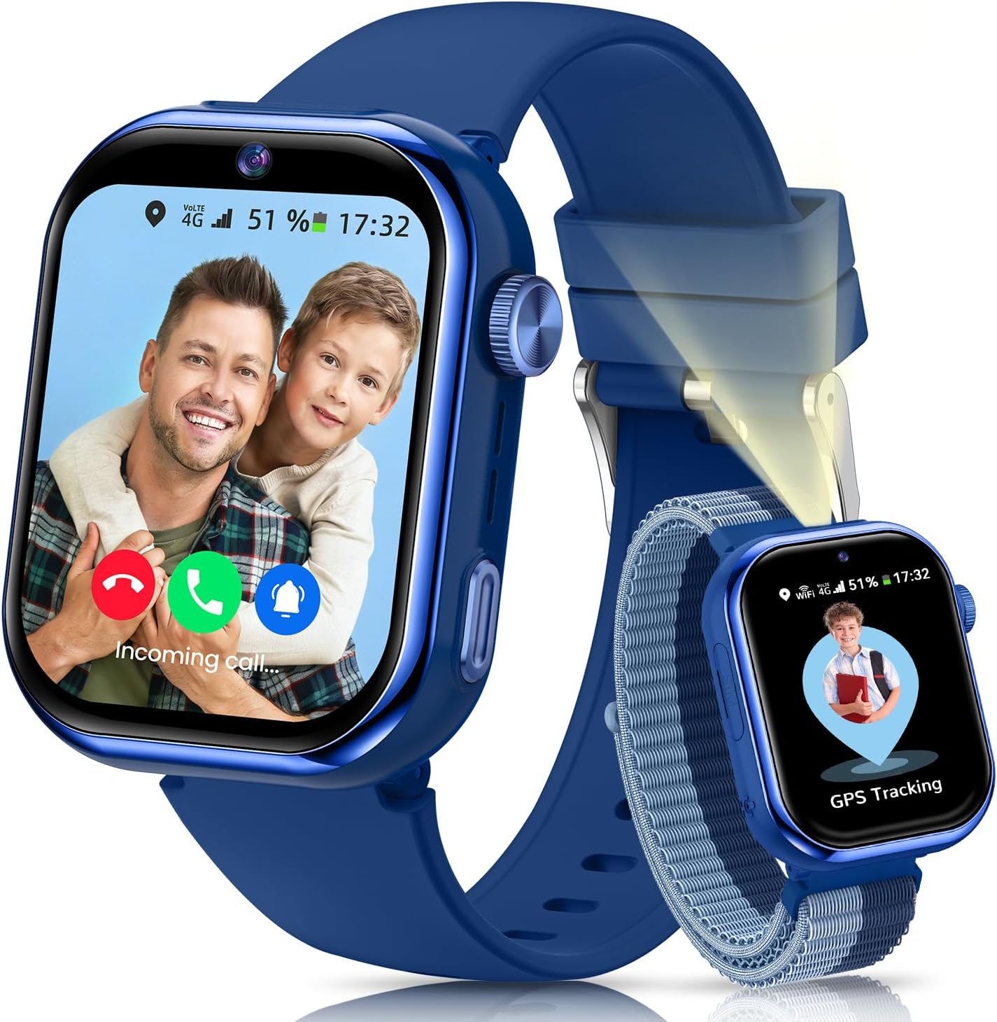 4G Reloj Inteligente Niño, 1.83'' HD Smartwatch Niños con GPS y Llamadas, Videollamadas, Chat de Voz, Modo Escuela, Doble Cámara, Monitor de Sueño, Podómetro, Despertador IP68 para Niñas Niños Azul - 1