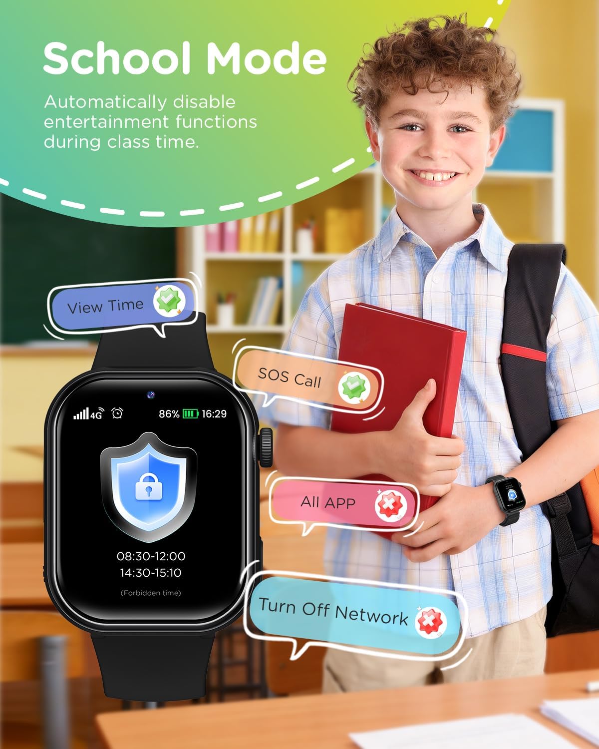 4G Reloj Inteligente Niño, 1.83'' HD Smartwatch Niños con GPS y Llamadas, Videollamadas, Chat de Voz, Modo Escuela, Doble Cámara, Monitor de Sueño, Podómetro, Despertador IP68 para Niñas Niños Negro - 5