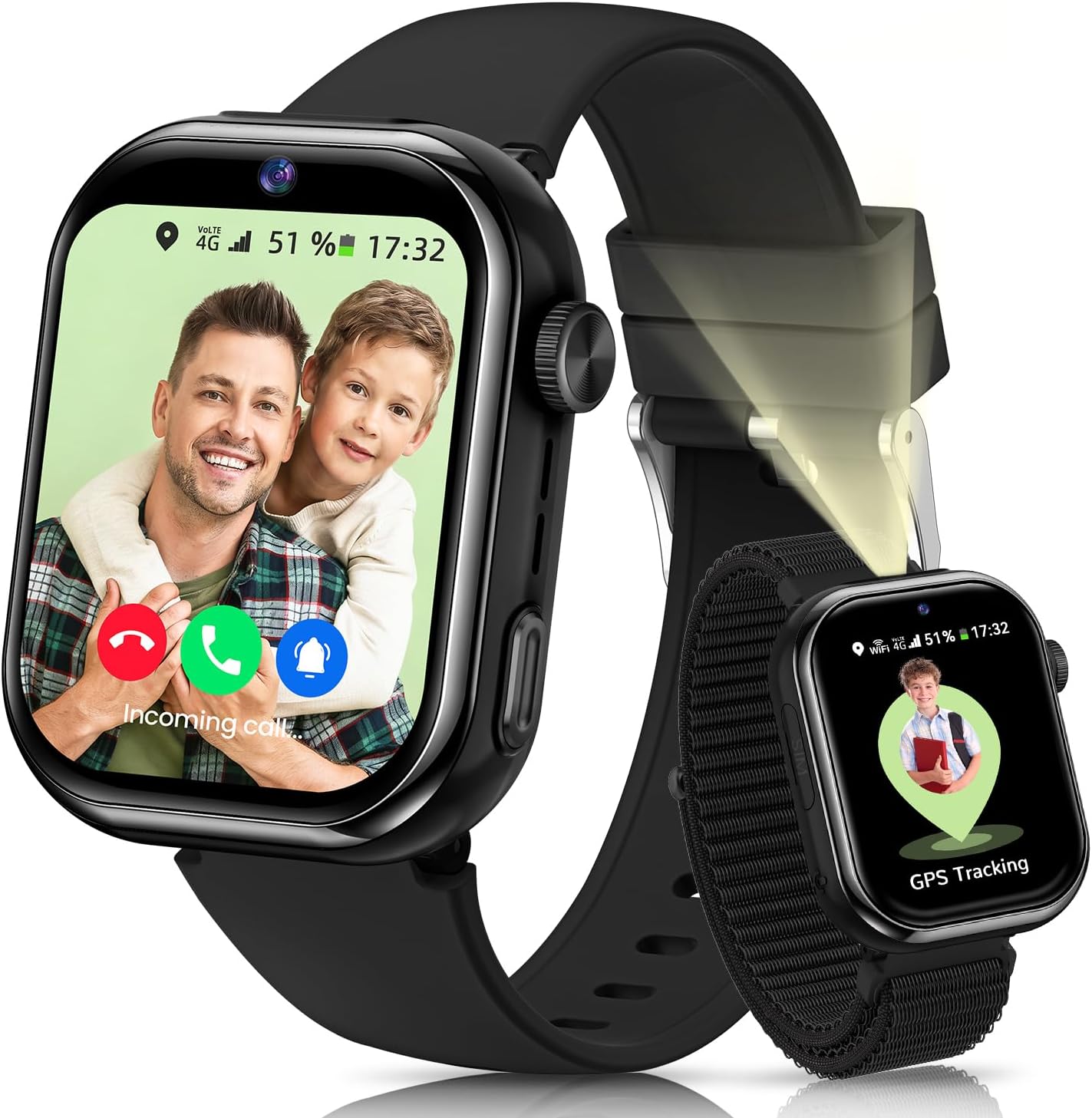 4G Reloj Inteligente Niño, 1.83'' HD Smartwatch Niños con GPS y Llamadas, Videollamadas, Chat de Voz, Modo Escuela, Doble Cámara, Monitor de Sueño, Podómetro, Despertador IP68 para Niñas Niños Negro - 1