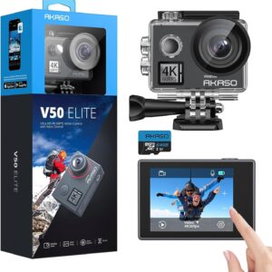 AKASO V50 Elite Cámara Deportiva 4K WiFi 20MP con Tarjeta de Memoria MicroSDXC de 64GB, Cámara de Acción con EIS Pantalla Táctil, Camara Acuatica Sumergible con 8X Zoom 2 Baterías Multi Accesorios