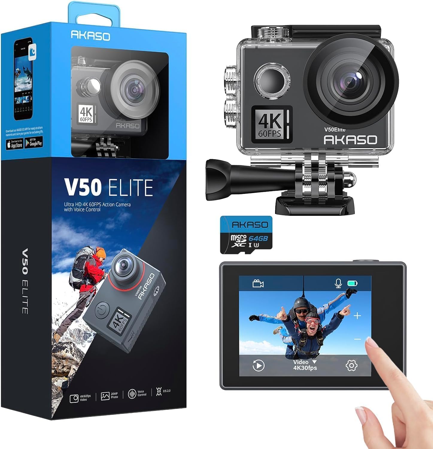 AKASO V50 Elite Cámara Deportiva 4K WiFi 20MP con Tarjeta de Memoria MicroSDXC de 64GB, Cámara de Acción con EIS Pantalla Táctil, Camara Acuatica Sumergible con 8X Zoom 2 Baterías Multi Accesorios - 1