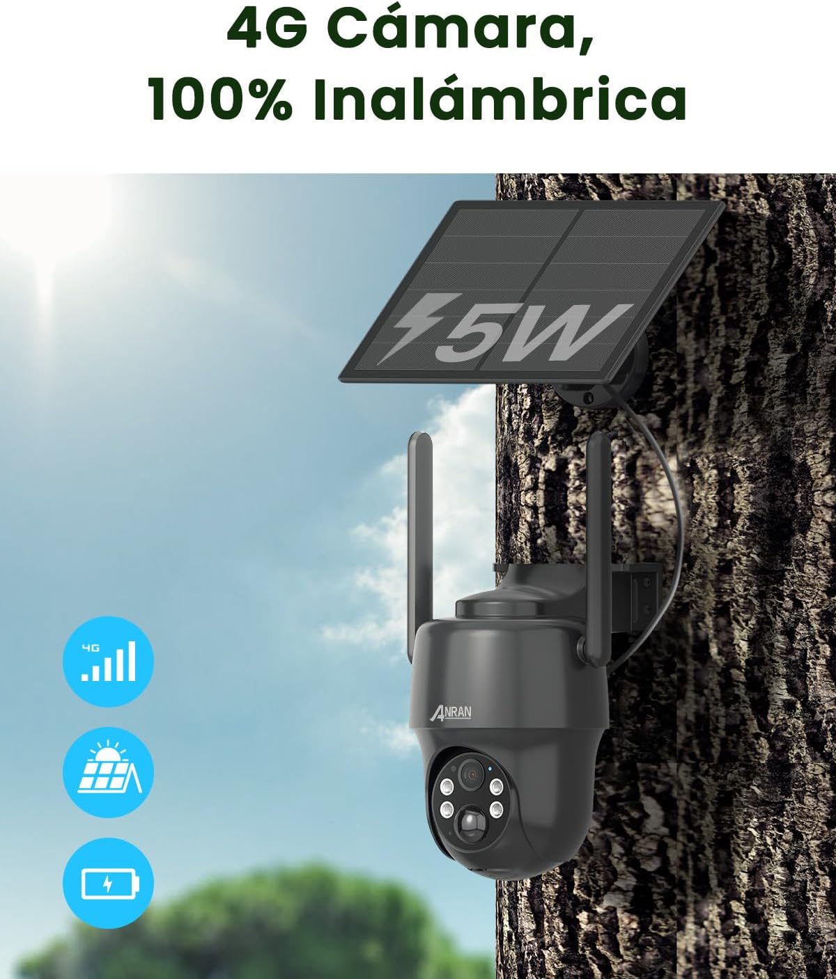 ANRAN 3G/4G LTE Cámara Vigilancia Exterior con SIM, 2K HD 4G Solar Camara sin Cable con Batería, PTZ 360°, Visión Nocturna, Detección De Movimiento, Audio Bidireccional, Almacenamiento Local, G1 Negro - 5