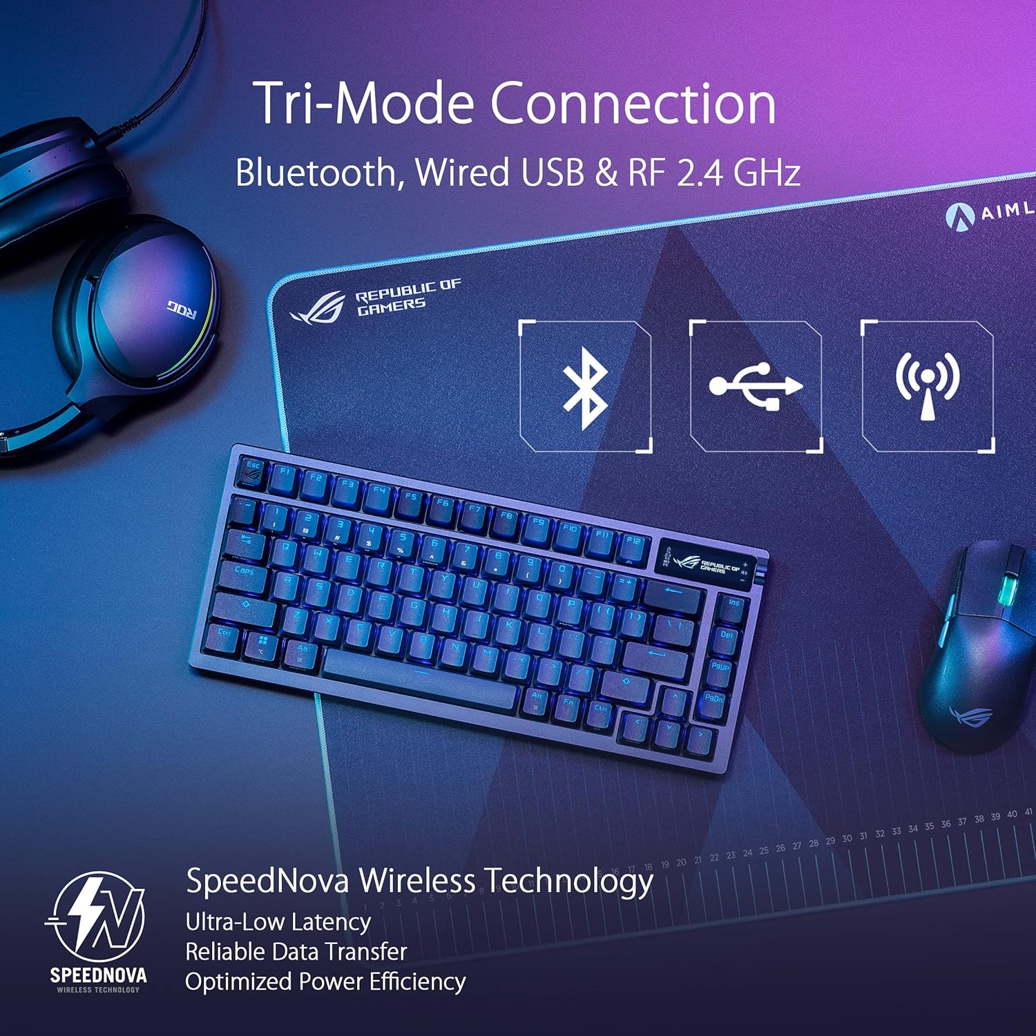 ASUS ROG Azoth - Teclado Mecanico Gaming 75%, Cubierta Metálica, Switch ROG NX Red lubricados, ABS, Kit de Lubricado, IR, BT y USB-C, Pantalla OLED, Tres Alturas y Compatible con Mac - QWERTY español - 3