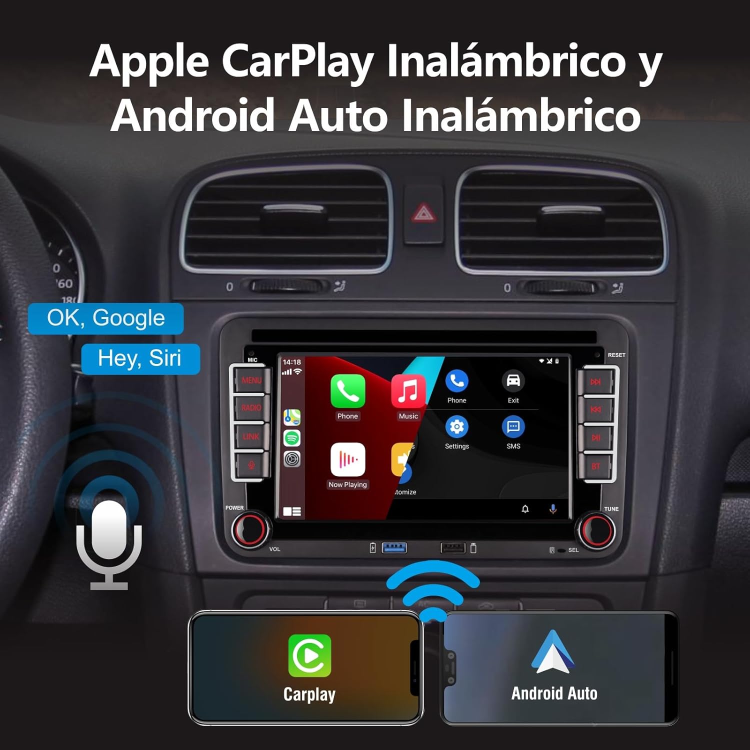 [Actualizado en 2025] Radio de Coche con inalámbrico Carplay Android Auto con IPS Bluetooth/FM/Am Radio/USB/Alta Potencia para VW Golf 5 6 Passat Jetta Caddy EOS T5 Tiguan Touran CC Polo - 2