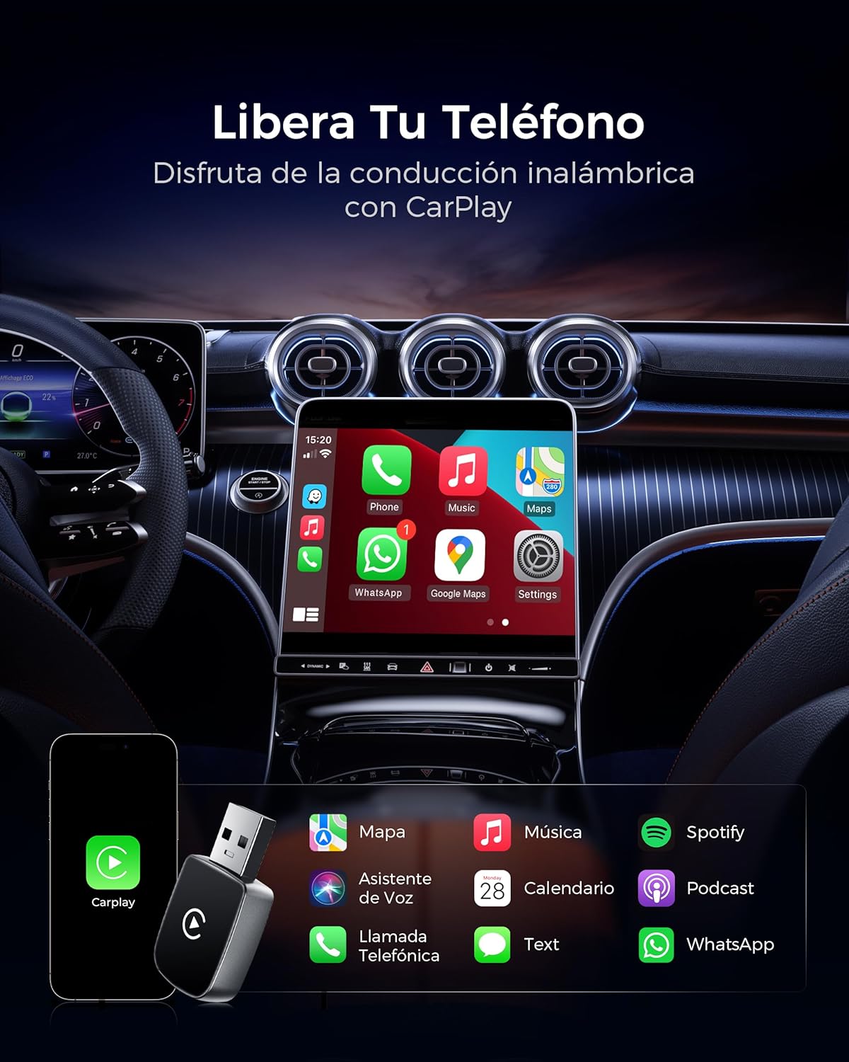 Adaptador CarPlay Inalámbrico, Bluetooth V5.3 Conexión Estable, 5.8GHz WiFi de Alta Velocidad, USB A/C, para Apple iPhone iOS 10+, Convierte Conexión con Cable en Inalámbrica - 2