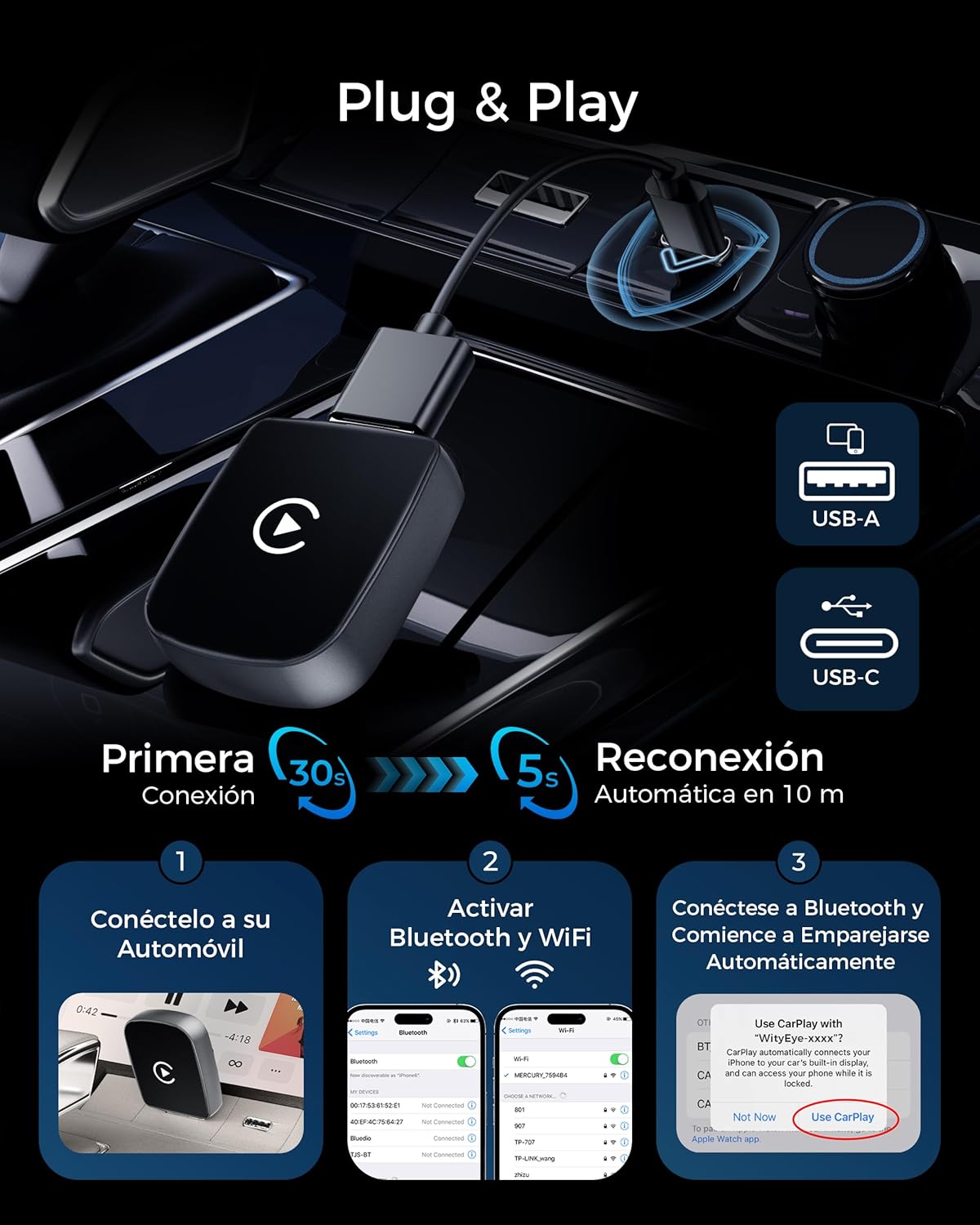 Adaptador CarPlay Inalámbrico, Bluetooth V5.3 Conexión Estable, 5.8GHz WiFi de Alta Velocidad, USB A/C, para Apple iPhone iOS 10+, Convierte Conexión con Cable en Inalámbrica - 4