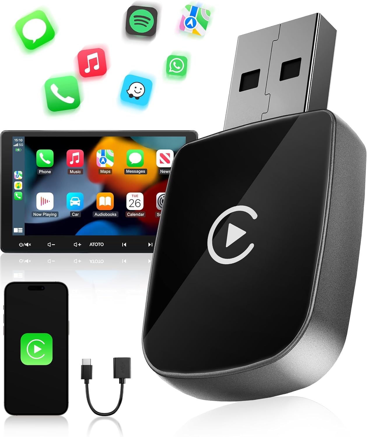 Adaptador CarPlay Inalámbrico, Bluetooth V5.3 Conexión Estable, 5.8GHz WiFi de Alta Velocidad, USB A/C, para Apple iPhone iOS 10+, Convierte Conexión con Cable en Inalámbrica - 1