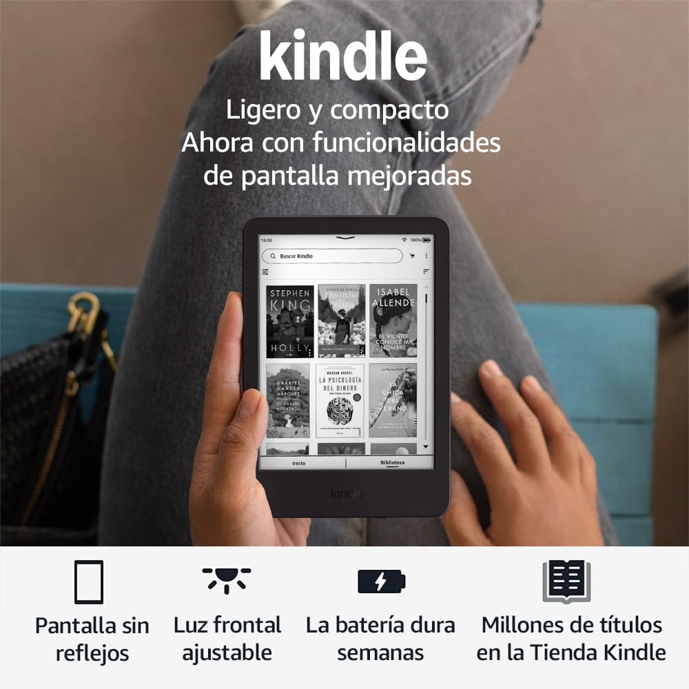 Amazon Kindle (última generación) | el Kindle más ligero y compacto, con pantalla sin reflejos, pasos de página más fluidos y luz frontal ajustable | 16 GB | Sin publicidad | Negro - 1