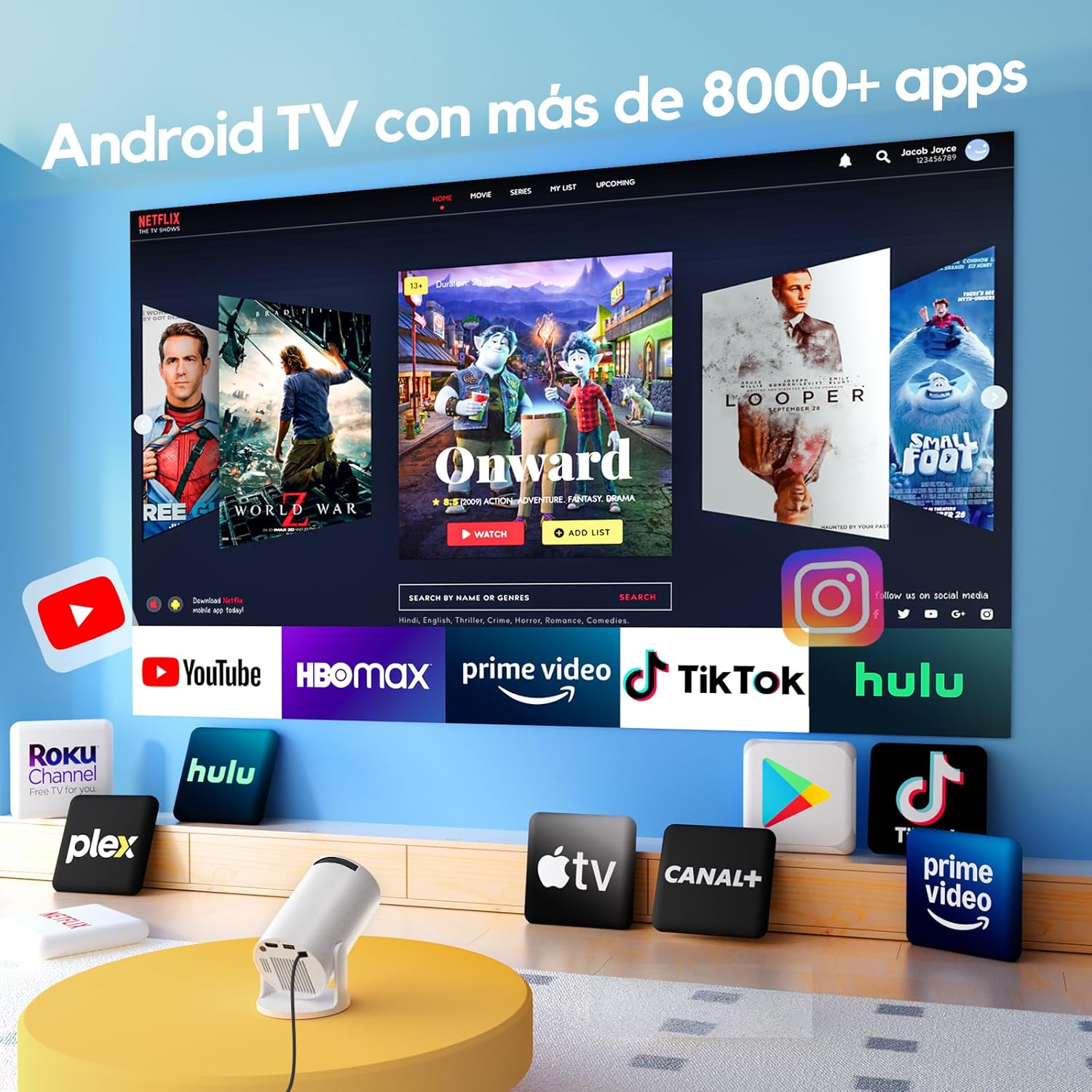 [App Integrada & Auto Keystone] Proyector Portátil con WiFi6 Bluetooth 5.4, AKIYO O2 Mini Proyector con Smart OS Full HD 1080P Soporte, 180° Rotation, Compatibile con HDMI/Smartphone/USB/Laptop/PS5 - 2