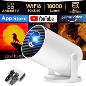 [App Integrada & Auto Keystone] Proyector Portátil con WiFi6 Bluetooth 5.4, AKIYO O2 Mini Proyector con Smart OS Full HD 1080P Soporte, 180° Rotation, Compatibile con HDMI/Smartphone/USB/Laptop/PS5