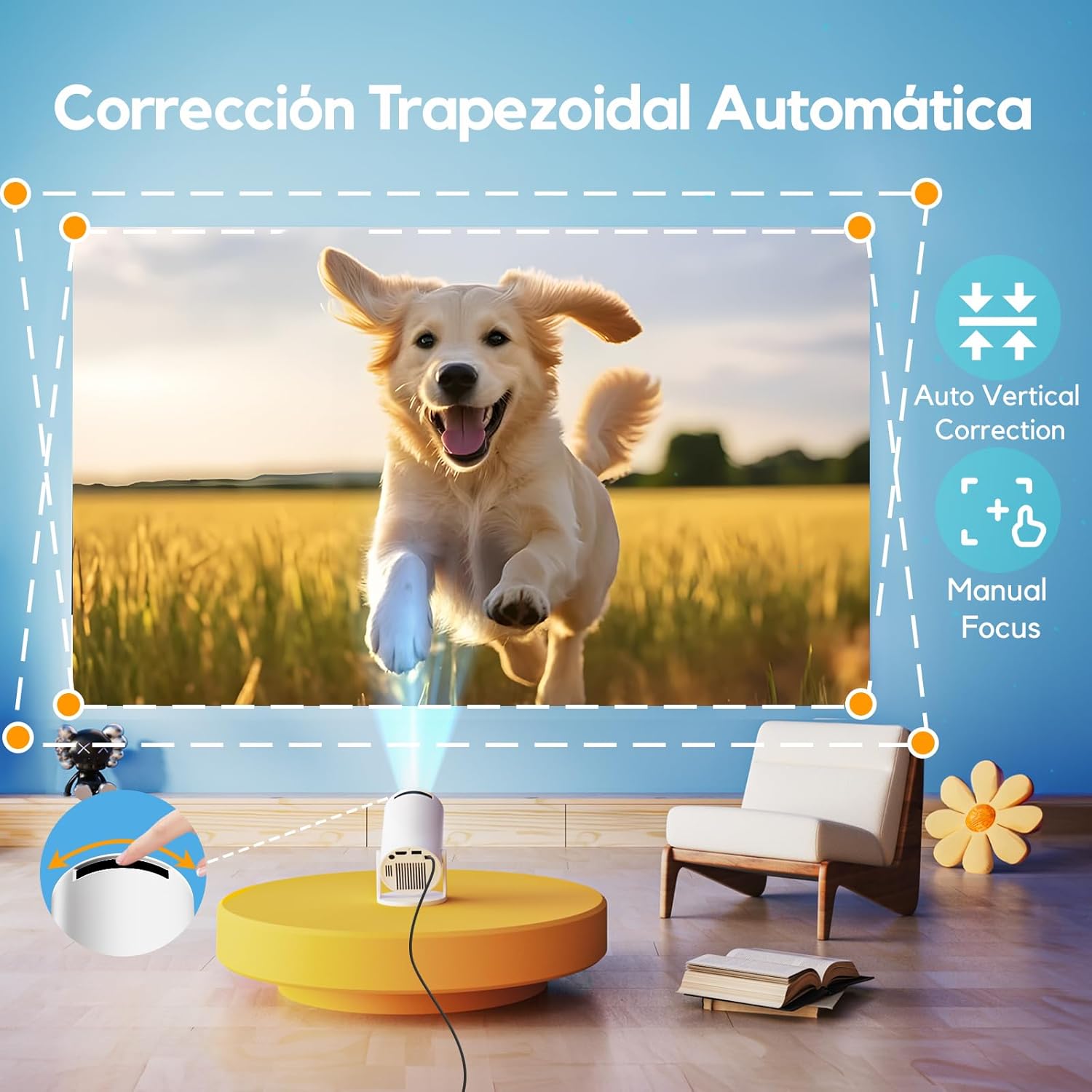[App Integrada & Auto Keystone] Proyector Portátil con WiFi6 Bluetooth 5.4, AKIYO O2 Mini Proyector con Smart OS Full HD 1080P Soporte, 180° Rotation, Compatibile con HDMI/Smartphone/USB/Laptop/PS5 - 4