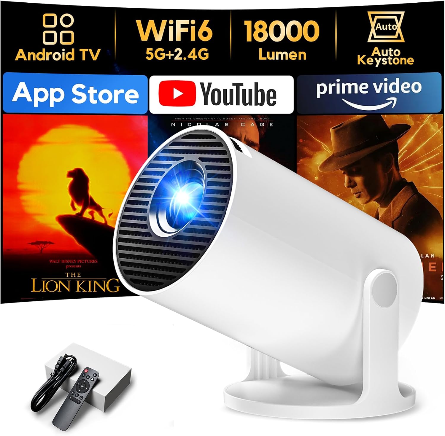 [App Integrada & Auto Keystone] Proyector Portátil con WiFi6 Bluetooth 5.4, AKIYO O2 Mini Proyector con Smart OS Full HD 1080P Soporte, 180° Rotation, Compatibile con HDMI/Smartphone/USB/Laptop/PS5 - 1