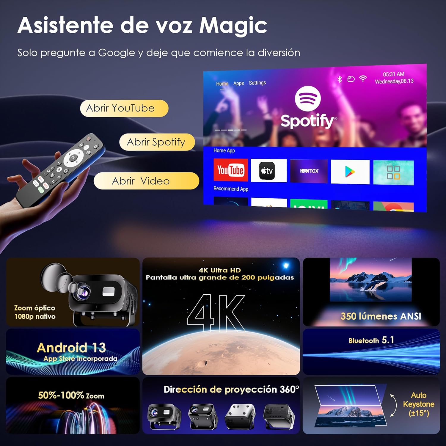 [ App integrada] Proyector Portátil con WiFi 6 Bluetooth 5.1 Support 4K 1080P Auto Keystone 180° Rotable Videoproyector Compatibile con HDMI/USB/TV Stick/Laptop, Gris - 2