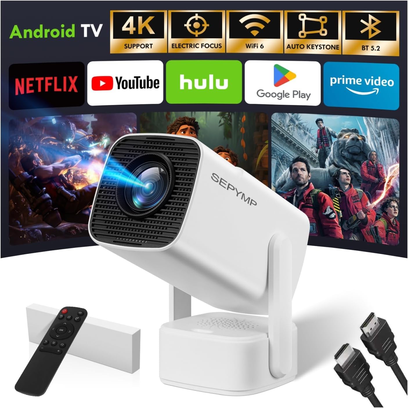 [Apps integradas & 2025 Upgraded] Proyector Portatil,SEPYMP Mini Proyector 4K,1080P HD-WiFi 6-BT 5.2, Android 13, Compatibile con HDMI/USB/TV Stick/PS5/Laptop, Blanco - 1