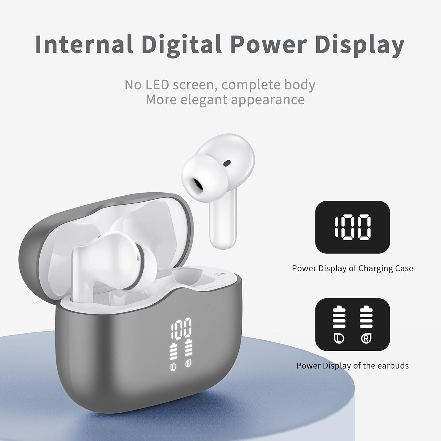 Auriculares Inalambricos Bluetooth, 2026 Auriculares Bluetooth 5.4 con ENC Reducción de Ruido, 40H HiFi Estéreo Cascos Inalambricos Bluetooth con 4 HD Mic, Pantalla LED, IP7 Impermeablem Cascos, Gris - 2