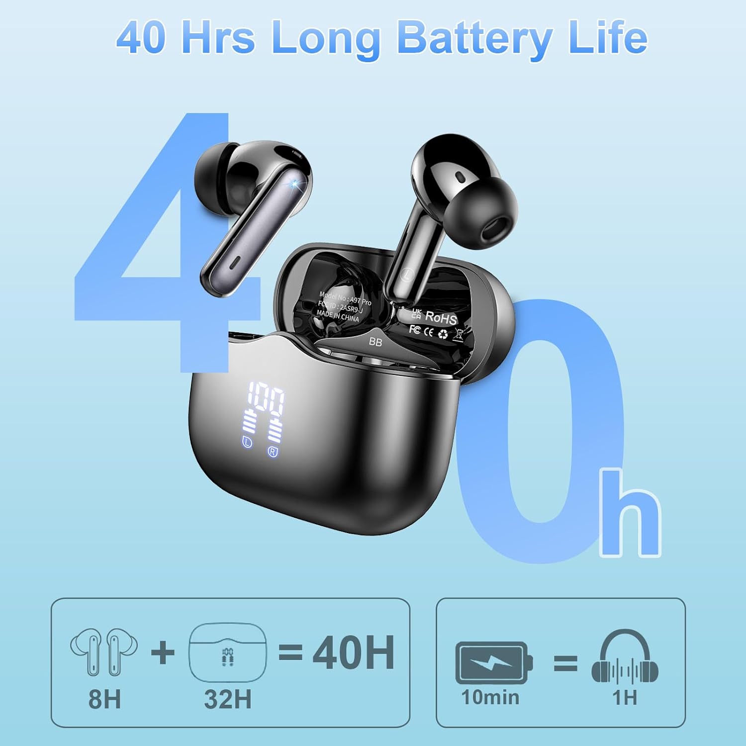 Auriculares Inalambricos Bluetooth, 2026 Auriculares Bluetooth 5.4 con ENC Reducción de Ruido, 40H HiFi Estéreo Cascos Inalambricos Bluetooth con 4 HD Mic, Pantalla LED, IP7 Impermeablem Cascos/USB-C - 5