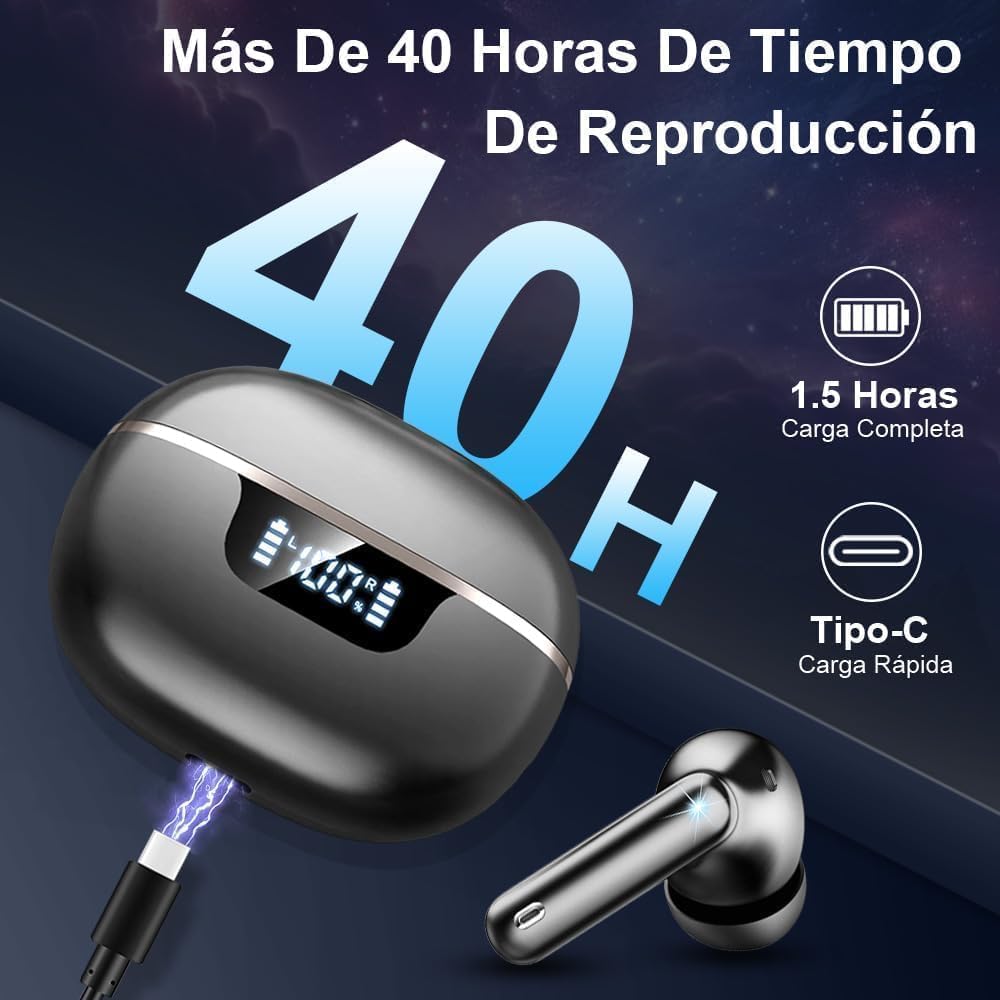 Auriculares Inalambricos Bluetooth, 2026 Cascos Inalambricos Bluetooth 5.4 HiFi Estéreo, 45 Horas Auriculares inalámbricos con ENC Cancelacion Ruido, IP7 Impermeable/Pantalla LED/Carga Rápida Tipo-C - 4