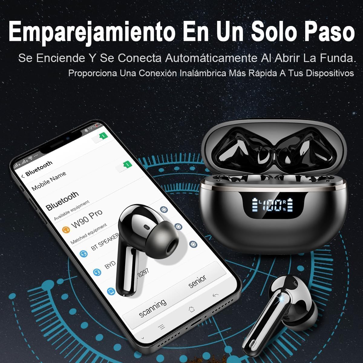 Auriculares Inalambricos Bluetooth, 2026 Cascos Inalambricos Bluetooth 5.4 HiFi Estéreo, 45 Horas Auriculares inalámbricos con ENC Cancelacion Ruido, IP7 Impermeable/Pantalla LED/Carga Rápida Tipo-C - 5
