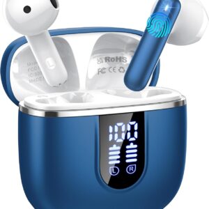 Auriculares Inalambricos Bluetooth 5.4, Auriculares Bluetooth con 4 Mic ENC Reducción de Ruido, 40H Cascos Inalambricos Bluetooth con HiFi Estéreo, Pantalla LED, IP7 Impermeable Audifonos USB-C Azul