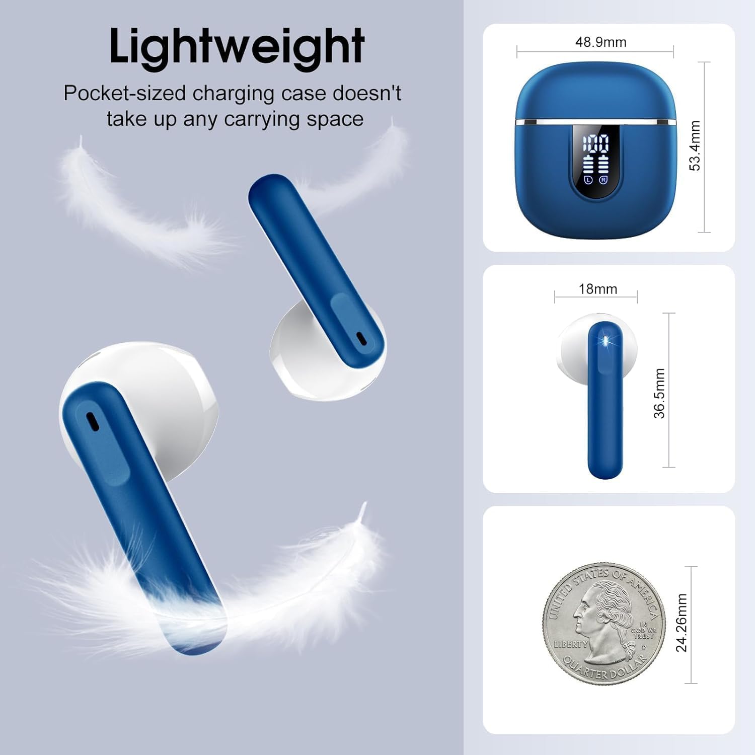 Auriculares Inalambricos Bluetooth 5.4, Auriculares Bluetooth con 4 Mic ENC Reducción de Ruido, 40H Cascos Inalambricos Bluetooth con HiFi Estéreo, Pantalla LED, IP7 Impermeable Audifonos USB-C Azul - 6